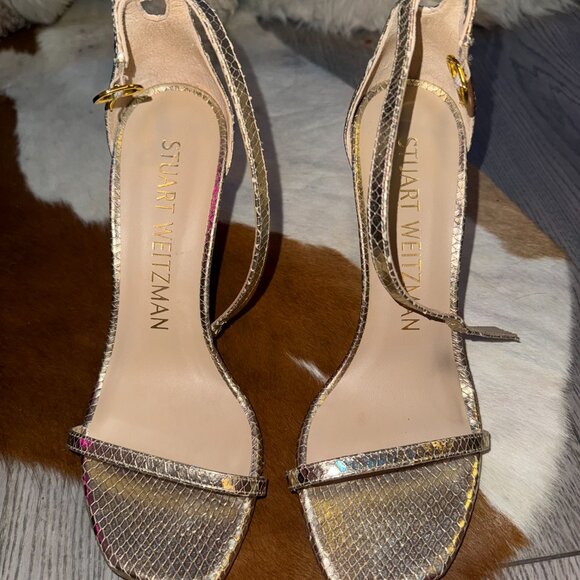 New Stuart Weitzman Metalic Snake (8) NUDISTCURVE 100 SANDAL - Picture 1 of 7